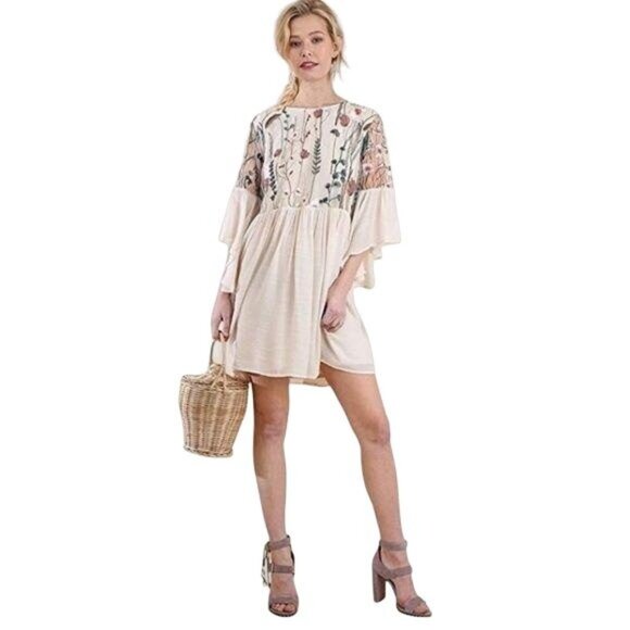 Umgee Natural Color Embroidered Dress - Picture 1 of 9